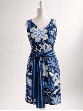 Gretchen Scott Designs Tropical Floral V-Neck Dress with Sash, Blue & White, M